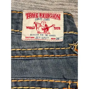 True Religion Joey Super T Straight Leg Jeans Orange‎ Yellow Stitch BLING Y2K 26 thumbnail 3
