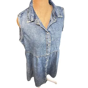Vintage Acid Wash Denim‎ Dress Sleeveless Button Down 90s Medium thumbnail 3