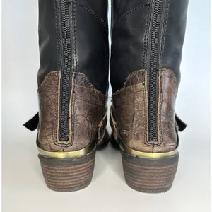 Sam Edelman Juliana Riding Boots Size 8.5M Black Brown‎ Leather Croc Embossed thumbnail 7