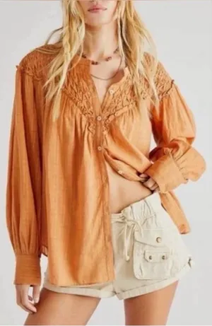 Free People $138 Marigold Button down Blouse Top Wood Chimes Fall Oversized M thumbnail 1