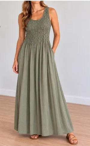 Basement USA Inc Sage Green Smocked Maxi Dress Sleeveless Boho Cottagecore thumbnail 1