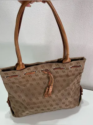 Y2K Dooney & Bourke Tote Bag Brown Monogram Canvas Leather Tassel Academia thumbnail 1