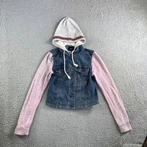 BDG Urban Outfitters Denim‎ Jacket Women Medium Hooded Mixed Media Pink Sleeves thumbnail 2