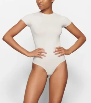 Skims Women's Size Medium Cotton Jersey Raw Edge T-Shirt Bodysuit Marble White thumbnail 1