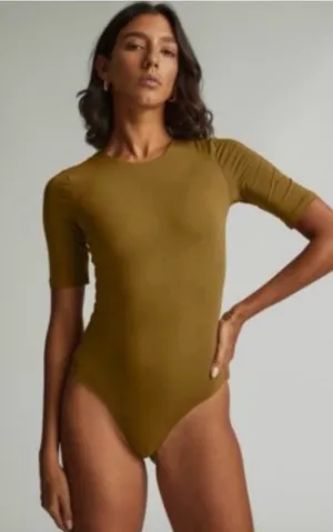 Everlane mustard tapenade Short Sleeve crewneck bodysuit, size S Supima cotton thumbnail 1