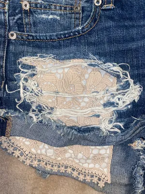American Eagle Outfitters Dark Blue Distressed Denim Shorts with Lace Inset thumbnail 3