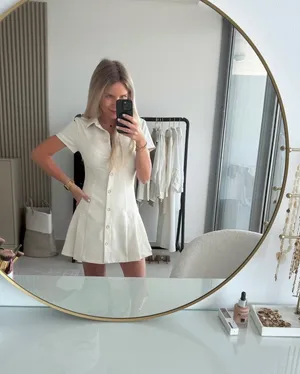 Zara mini dress pleated skirt collar button up ivory casual classic old money thumbnail 8