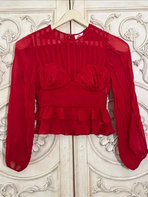 FARM Rio Red Ruffled Sheer Long-Sleeve Peplum Blouse Size Small thumbnail 3