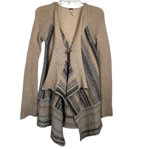 Free People Sz S Cardigan Toggle Closure Wool Blend Tan Blue Metallic thumbnail 2