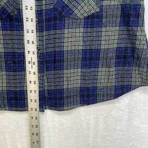 We the Free Flannel Blouse Womens S Blue Tie Sleeve‎ Button Front Western Boho thumbnail 3