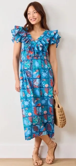 Printfresh Lola Midi Dress ruffle Nautical Tiles Seaside ocean animals fish reef thumbnail 1