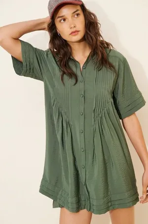 Anthropologie Pilcro Short Sleeve Pintuck Tunic Shirt Dress Olive Green Small thumbnail 1