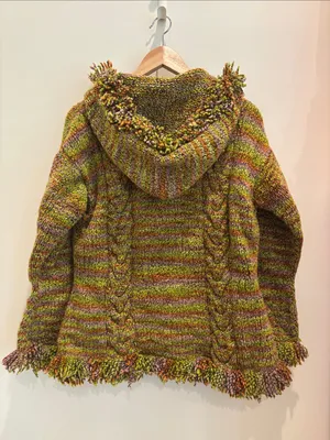 Native Knit Zip Cardigan 100% Wool Handmade Colorful Fringe Size Large thumbnail 3