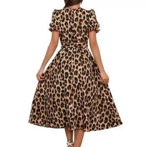 Leopard Lace-up Round Neck Puff A-line Dress thumbnail 2