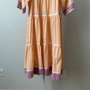 Vintage Cotton Boho Fairy Peasant‎ Embroidered Tiered Maxi Dress Small Peach thumbnail 3