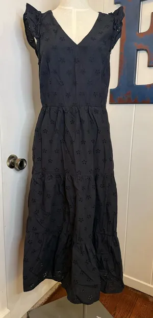 J. CREW Women’s Black Eyelet Maxi Dress with Flutter Sleeves Size 8 thumbnail 1