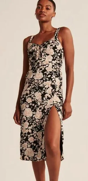 Abercrombie & Fitch Black Pink Floral Tie Front Midi Dress Size S Adjustable thumbnail 1