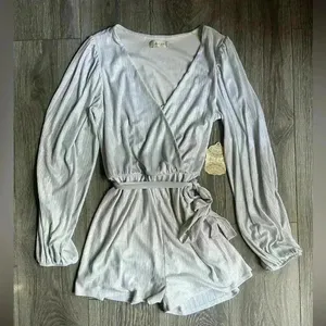 NEW Altar’d State Silver Long Sleeve Surplice Romper Size M thumbnail 1