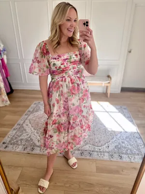 Abercrombie & Fitch Emerson‎ Angel Sleeve Midi Dress Floral Pink Green NEW Small thumbnail 2