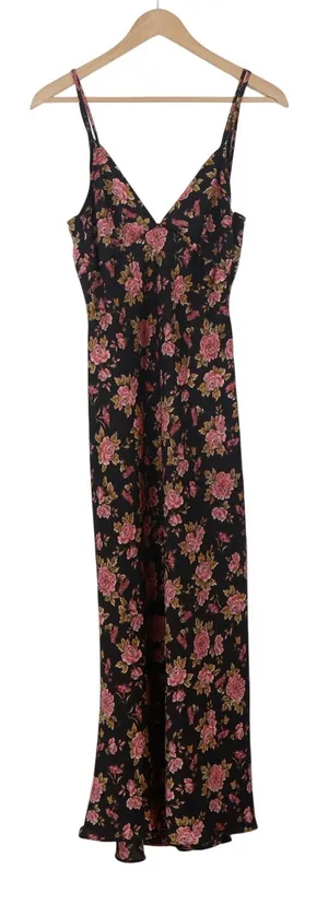 Zara Maxi Dress Womens S Floral Black Pink Spaghetti Strap V-Neck Excellent thumbnail 1
