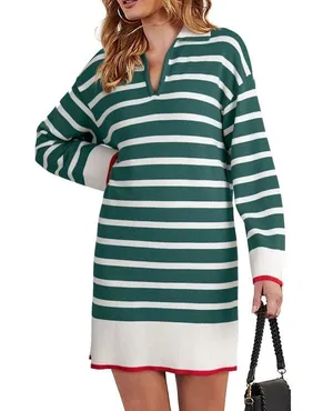 NEW Green Polo V Neck Long Sleeve Dress Striped Mini Sweater Dress S thumbnail 1