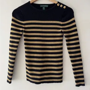 Lauren Ralph Lauren Women’s Black & Metalic Gold‎ Ribbed Sweater Button Detail thumbnail 1
