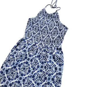 Patrons of Peace 41G Blue White Tile Print Halter Smocked‎ Wide Leg Jumpsuit S thumbnail 7