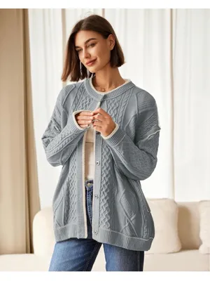 NEW Cable Knit Oversized Cardigan Button Up Striped Sweater S thumbnail 6