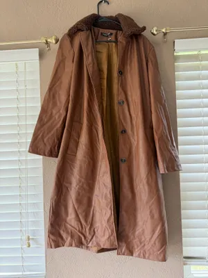Boohoo Cognac Brown Faux Leather Long Trench Coat Sherpa Collar Size M thumbnail 1