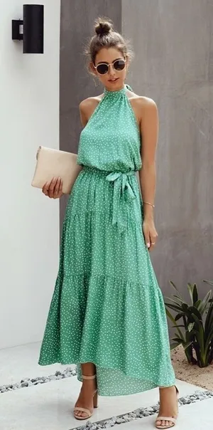 Green/White Polka Dot Lined Halter Top Dress with Tie (NWOT) thumbnail 1