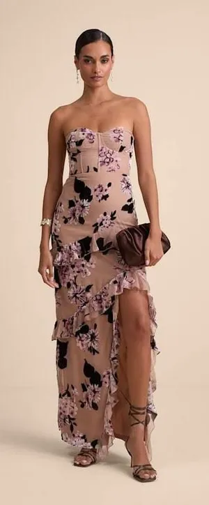 Lulus Chelisa Beige Floral Ruffled Strapless Bustier Maxi Dress - Size S thumbnail 1