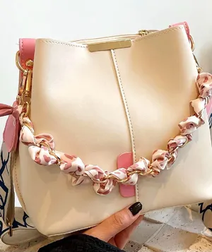 Beige and Pink Women’s Shoulder Bag with Braided Scarf Detail thumbnail 1