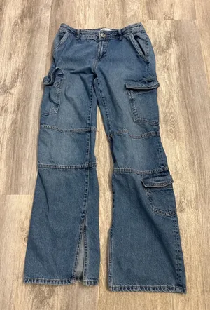 Zara Womens Blue Mid Rise Cargo Straight Leg Jeans with Side Slits Size 4 thumbnail 1