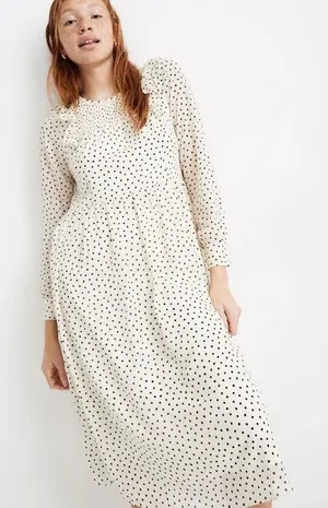 Madewell Women White Black Polka Dot Smocked Ruffle Midi Dress Size S thumbnail 1
