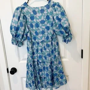 Saylor Womens Tiered Mini Dress Small Milkmaid Cottage Romantic Puff Sleeve Blue thumbnail 4
