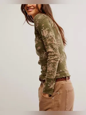 NWOT Free People We The Free Clover Printed Thermal - Army combo - Small thumbnail 6