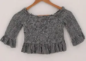 American‎ Eagle Gingham Smocked Crop Top Womens Size XS Black White Cottage thumbnail 1