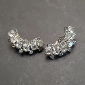 Vintage Clip On Earrings Large Curved Silver Tone & Clear Gems - Statement Glam thumbnail 5