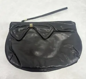 Vintage Black Faux Leather Wristlet Clutch Purse Gold‎ Tone Detail 10x6 Taiwan thumbnail 1
