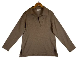Haven Well Within Brown Johnny Collar V-Neck Pullover Sweatshirt Pockets Small thumbnail 1