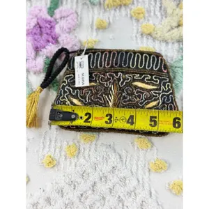 Sudha Beaded Coin Purse Black Gold Floral Embroidered Tassel Wristlet Pouch NWT‎ thumbnail 3