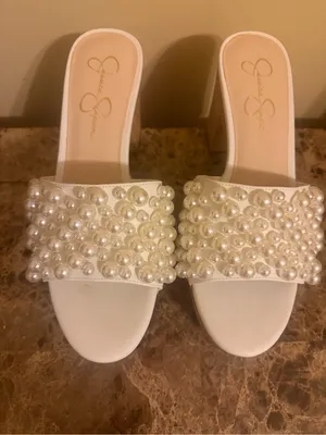 Jessica Simpson Pearl-Embellished White Platform Slide Mules thumbnail 2