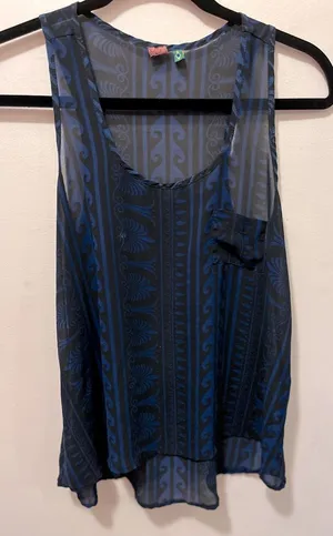 Farm Rio semi sheer pocket regatta tank‎ blue/black pattern sz L(G) thumbnail 1