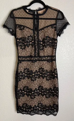 KOUM Womens Small Black Lace Overlay Bodycon‎ Dress Chic Event Prom Whimsigoth thumbnail 1