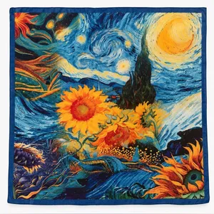Van Gogh Inspired Starry Night Sunflower Scarf Blue Yellow Art Print Shawl thumbnail 1