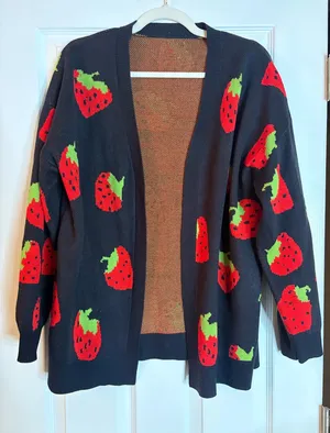 NWOT Navy open-front cardigan with a strawberry print, L thumbnail 1