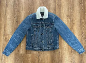 Abercrombie & Fitch Denim bomber Jacket‎ Sherpa Collar Womens Size small Lined thumbnail 1