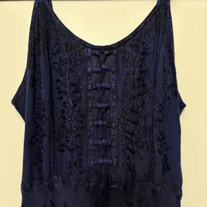 Under One Sky Navy Embroidered Boho Maxi Dress Lace Up‎ Smocked Back Ruffle Hem whimsygoth thumbnail 4