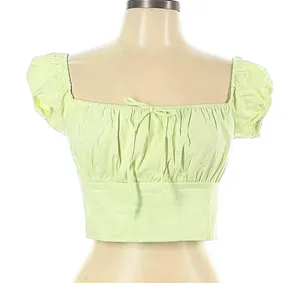 ZARA Smocked Puff Sleeve Milkmaid Crop Top Lime Green L-XL thumbnail 1