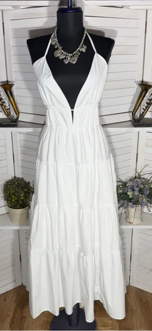 Vintage Y2K maxi dress backless plunge white tiered coquette boho fairy cocktail thumbnail 1